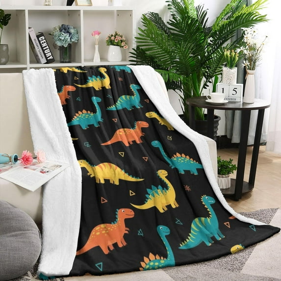Black Colorful Dinosaurs Pattern Blanket,Comfortable Soft Lamb Wool Throw Blanket,All Season,Warm Lightweight Blankets for Sofa Bed Couch Living Room Chair,60"x80"