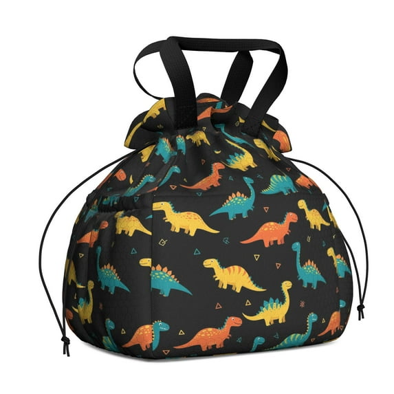 Black Colorful Dinosaurs Pattern Drawstring Lunch Bag Women - Drawstring Lunch Bag Insulated for Work Office - Stain-Resistant Large Lunchbags for Women with Multi-Pockets