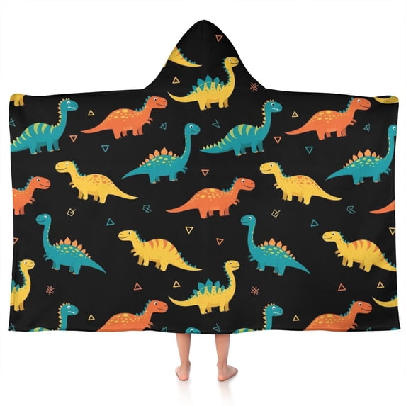 Black Colorful Dinosaurs Pattern Hooded Bath Towel,50"x30" for Ages 3 To 12 Kids, Quick Dry Lightweight Soft Microfiber Hood Beach Towel Cover Up for Kids