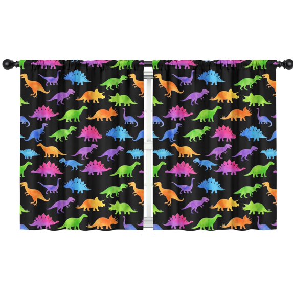 Black Colorful Dinosaurs Pattern Insulated Teens Curtains Set Of 2, Bedroom Essentials, Toddler Room Decor 42"x54"