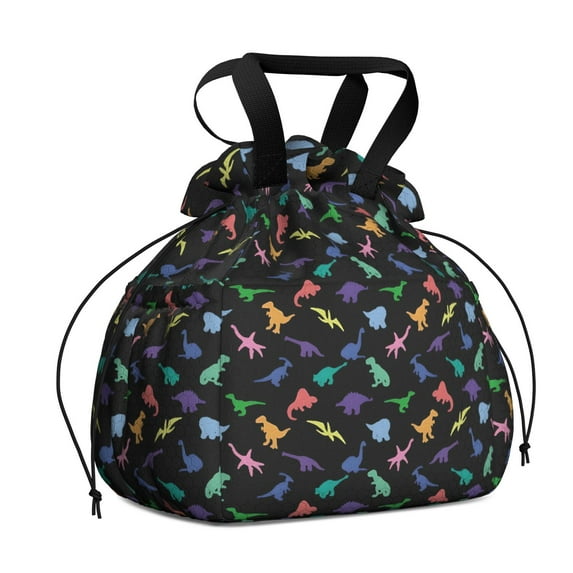 Black Colorful Dinosaurs Silhouettes Pattern Drawstring Lunch Bag Women - Drawstring Lunch Bag Insulated for Work Office - Stain-Resistant Large Lunchbags for Women with Multi-Pockets