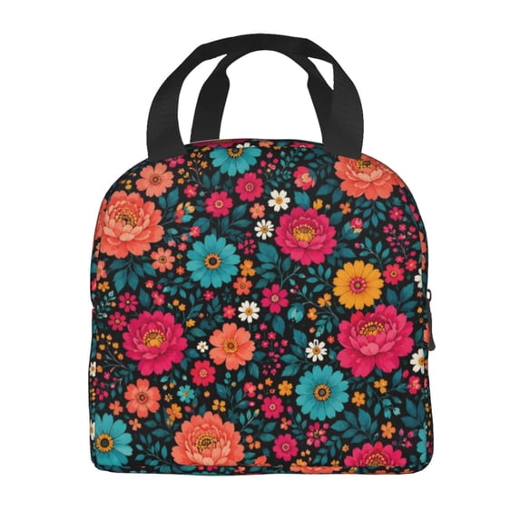 Black Colorful Floral Lunch Bag Thick Aluminum Foil Cooler Tote for Women Work Picnic Gift