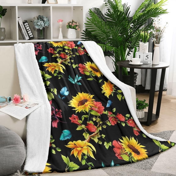 Black Colorful Flower Leaf Sunflower Pattern Blanket,Comfortable Soft Flannel Throw Blanket,All Season,Warm Lightweight Blankets for Sofa Bed Couch Living Room Chair,50"x60"