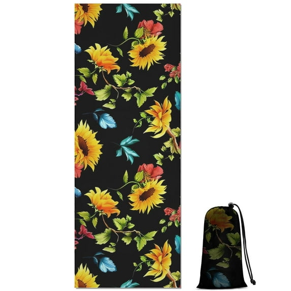 Black Colorful Flower Leaf Sunflower Pattern Hot Yoga Mat Towel Non Slip for Hot Yoga - Quick-Drying Yoga Mat Cover with 4 Corner Pockets with Travel Bag - Hot Yoga Towel Non Slip 70"x26"