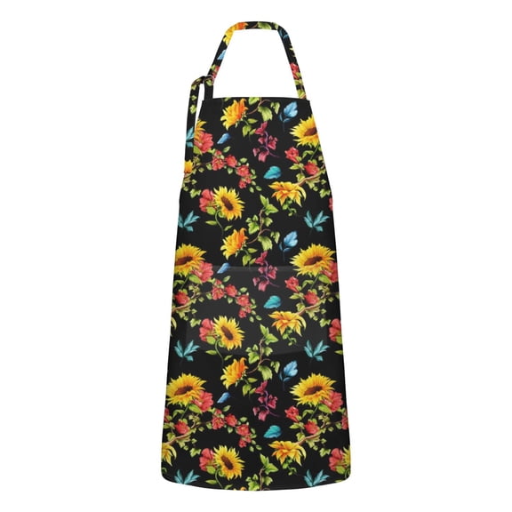 Black Colorful Flower Sunflower Pattern Apron-Garden Aprons for Women with Pockets-Cotton Linen Waterproof Kitchen Cooking Gardening Aprons Adjustable for Kitchen,Cooking,BBQ and Salon 33x27 Inch