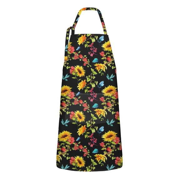 Black Colorful Flower Sunflower Pattern Apron-Garden Aprons for Women with Pockets-Cotton Linen Waterproof Kitchen Cooking Gardening Aprons Adjustable for Kitchen,Cooking,BBQ and Salon 33x27 Inch