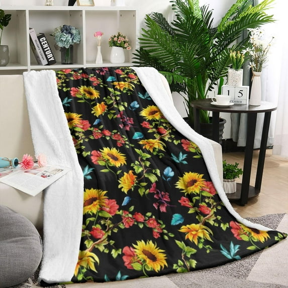 Black Colorful Flower Sunflower Pattern Blanket,Comfortable Soft Flannel Throw Blanket,All Season,Warm Lightweight Blankets for Sofa Bed Couch Living Room Chair,40"x50"