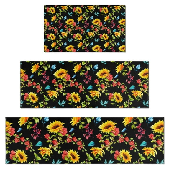 Black Colorful Flower Sunflower Pattern Kitchen Rugs Sets Of 3,Kitchen Runner Rugs Non Skid Washable,Decorative Kitchen Floor Mats for Kitchen,Sink,Laundry,17"x30"+ 17"x47" + 17"x59"