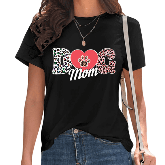 Black Colorful Leopard Print Heart Paw Dog Mom Tshirt Graphic Tees Shirts Cute Pet Lover Trendy Mother's Day Gift Comfort Tops S-5XL