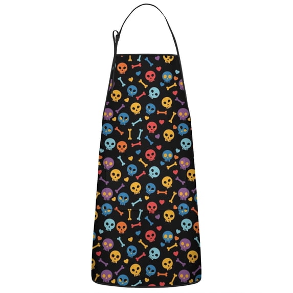 Black Colorful Skull Bone Pattern Apron-Garden Aprons for Women with Pockets-Cotton Linen Waterproof Kitchen Cooking Gardening Aprons Adjustable for Kitchen,Cooking,BBQ and Salon 33x27 Inch