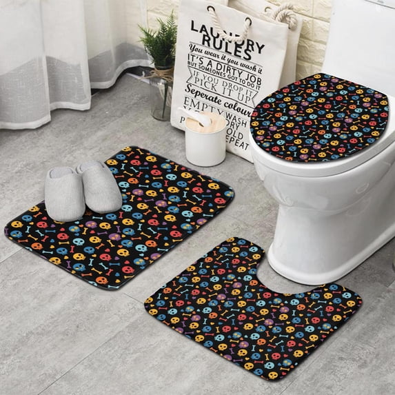 Black Colorful Skull Bone Pattern Bathroom Rugs Sets 3 Piece,Toilet Cover Set,Absorbent Non Slip Bathroom Mats Sets with U-Shaped Contour Rug Toilet Rug Set