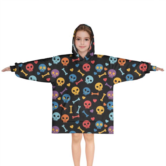 Black Colorful Skull Bone Pattern Blanket Hoodies for Kids 6-13YR Oversize Wearable Blanket Hoodies for Boys Girls Teens