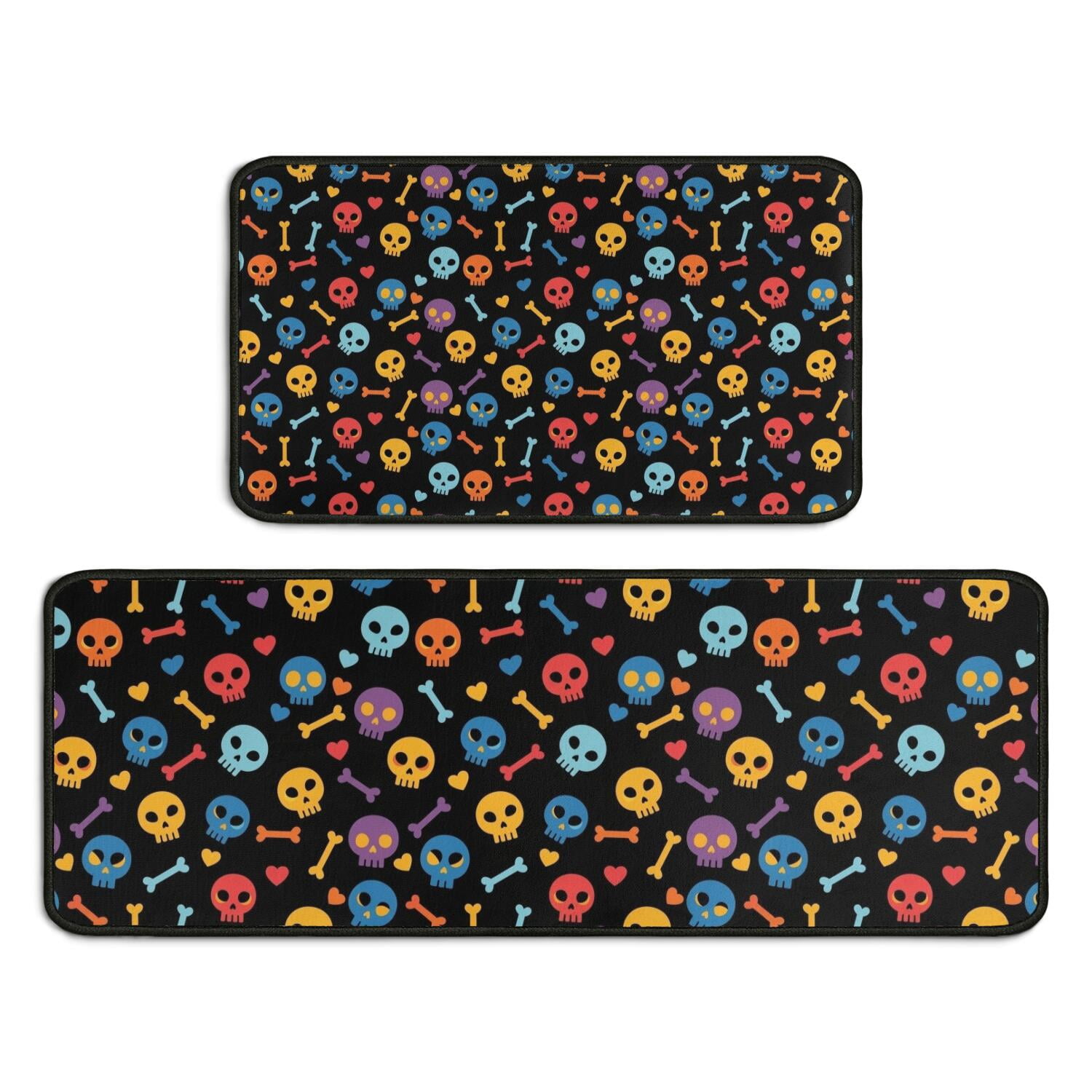 Black Colorful Skull Bone Pattern Kitchen Rugs Sets Of 2,Anti Fatigue ...