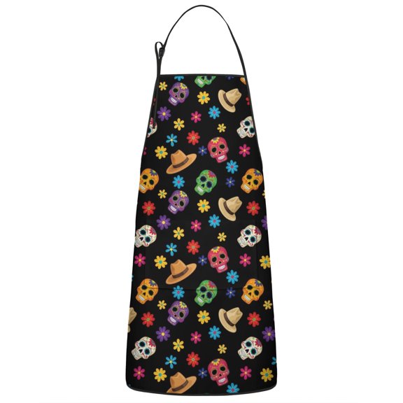 Black Colorful Skull Flower Hat Pattern Apron-Garden Aprons for Women with Pockets-Cotton Linen Waterproof Kitchen Cooking Gardening Aprons Adjustable for Kitchen,Cooking,BBQ and Salon 33x27 Inch
