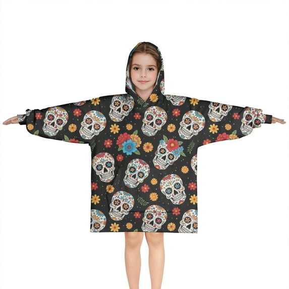 Black Colorful Skull Flower Pattern Blanket Hoodies for Kids 6-13YR Oversize Wearable Blanket Hoodies for Boys Girls Teens