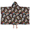 thumbnail image 1 of Black Colorful Skull Flower Pattern Hooded Bath Towel，50"x30" for Ages 3 To 12 Kids, Quick Dry Lightweight Soft Microfiber Hood Beach Towel Cover Up for Kids, 1 of 7