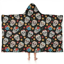 Black Colorful Skull Flower Pattern Hooded Bath Towel,50"x30" for Ages 3 To 12 Kids, Quick Dry Lightweight Soft Microfiber Hood Beach Towel Cover Up for Kids