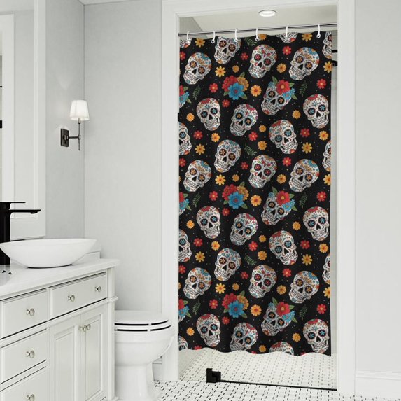 Black Colorful Skull Flower Pattern Shower Curtain 36"x72" ,Bathroom Decorative Shower Curtains Set with 12 Hooks,Modern Waterproof Washable Shower Curtain