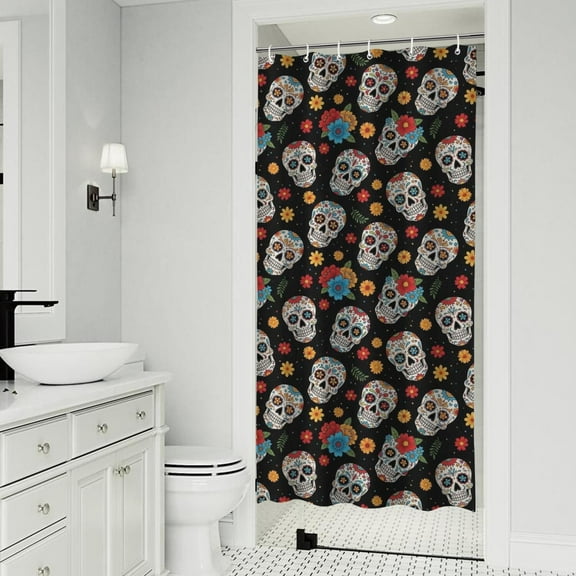 Black Colorful Skull Flower Pattern Shower Curtain 36"x72" ,Bathroom Decorative Shower Curtains Set with 12 Hooks,Modern Waterproof Washable Shower Curtain