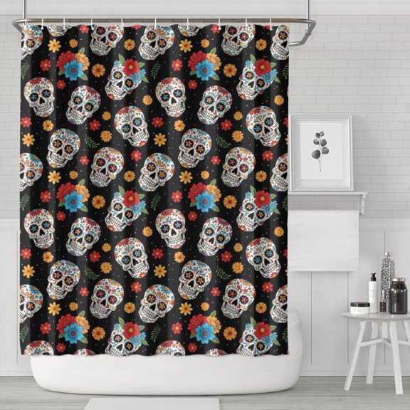 Black Colorful Skull Flower Pattern Shower Curtain 84"x72" ,Bathroom Decorative Shower Curtains Set with 12 Hooks,Modern Waterproof Washable Shower Curtain