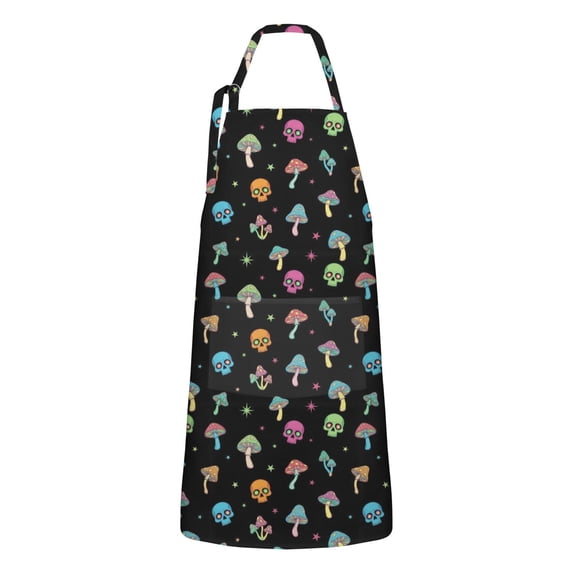 Black Colorful Skull Mushroom Pattern Apron-Garden Aprons for Women with Pockets-Cotton Linen Waterproof Kitchen Cooking Gardening Aprons Adjustable for Kitchen,Cooking,BBQ and Salon 33x27 Inch