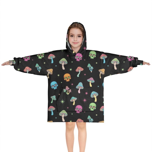 Black Colorful Skull Mushroom Pattern Blanket Hoodies for Kids 6-13YR Oversize Wearable Blanket Hoodies for Boys Girls Teens