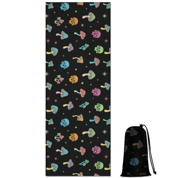 Black Colorful Skull Mushroom Pattern Hot Yoga Mat Towel Non Slip for Hot Yoga - Quick-Drying Yoga Mat Cover with 4 Corner Pockets with Travel Bag - Hot Yoga Towel Non Slip 74"x26"