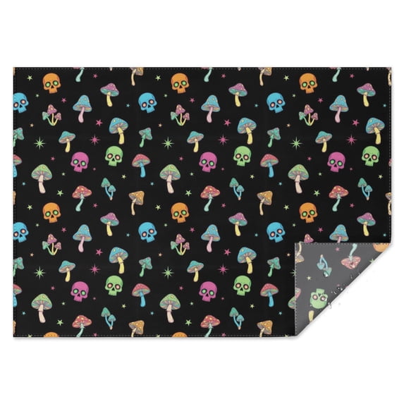 Black Colorful Skull Mushroom Pattern Rectangle Tablecloth 60"x84",Waterproof Polyester Rectangle Table Cloth, Wipeable Spillproof Polyester Tablecloth for Dining, Camping, Indoor and Outdoor