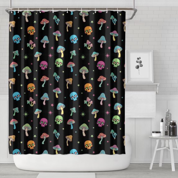 Black Colorful Skull Mushroom Pattern Shower Curtain 84"x72" ,Bathroom Decorative Shower Curtains Set with 12 Hooks,Modern Waterproof Washable Shower Curtain