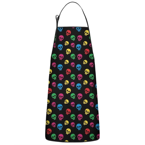 Black Colorful Skull Pattern Apron-Garden Aprons for Women with Pockets-Cotton Linen Waterproof Kitchen Cooking Gardening Aprons Adjustable for Kitchen,Cooking,BBQ and Salon 33x27 Inch