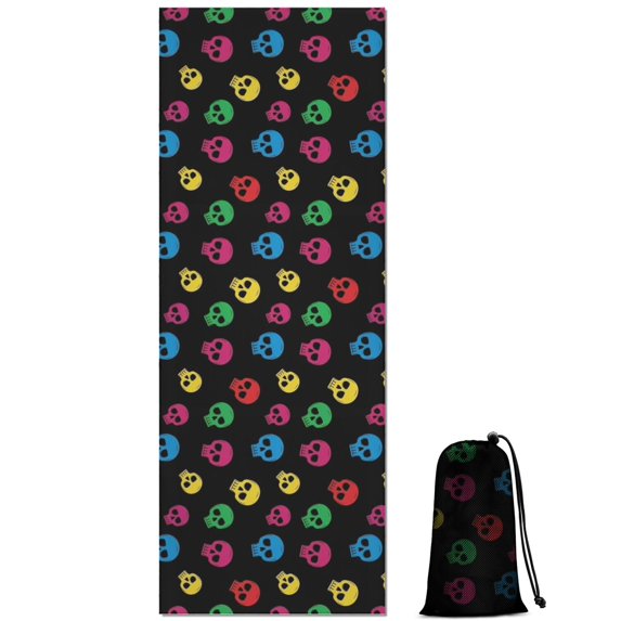 Black Colorful Skull Pattern Hot Yoga Mat Towel Non Slip for Hot Yoga - Quick-Drying Yoga Mat Cover with 4 Corner Pockets with Travel Bag - Hot Yoga Towel Non Slip 74"x26"