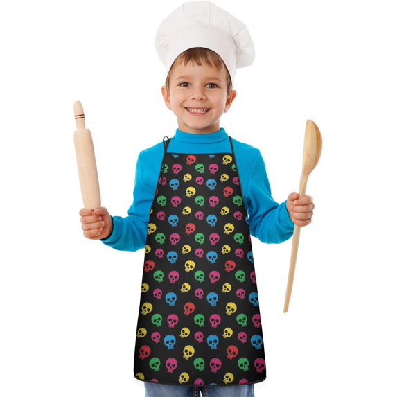 Black Colorful Skull Pattern Kids Aprons for Girls and Boys,Adjustable Neck Strap Toddler Aprons for Kids Cooking Baking
