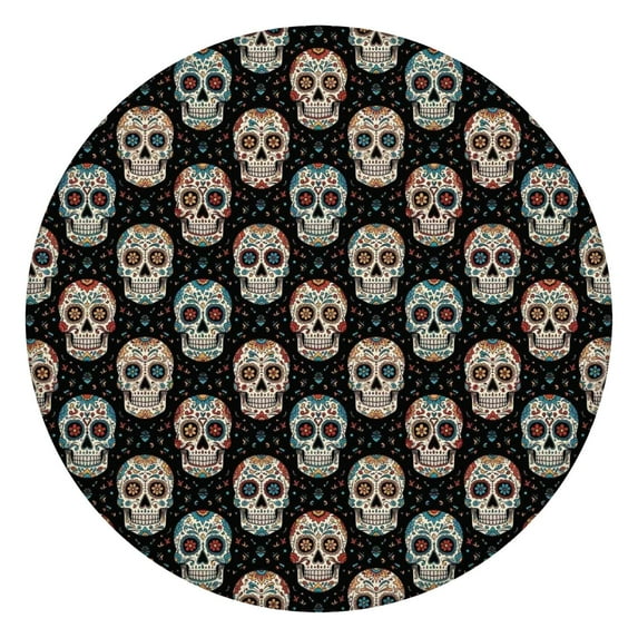 Black Colorful Skull Pattern Round Fitted Tablecloth with Elastic Edge,Dining Table Cover Waterproof,Outdoor Round Tablecloth for Camping,Dining,Indoor and Outdoor