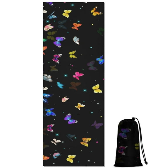 Black Colorful Star Butterfly Pattern Hot Yoga Mat Towel Non Slip for Hot Yoga - Quick-Drying Yoga Mat Cover with 4 Corner Pockets with Travel Bag - Hot Yoga Towel Non Slip 70"x26"