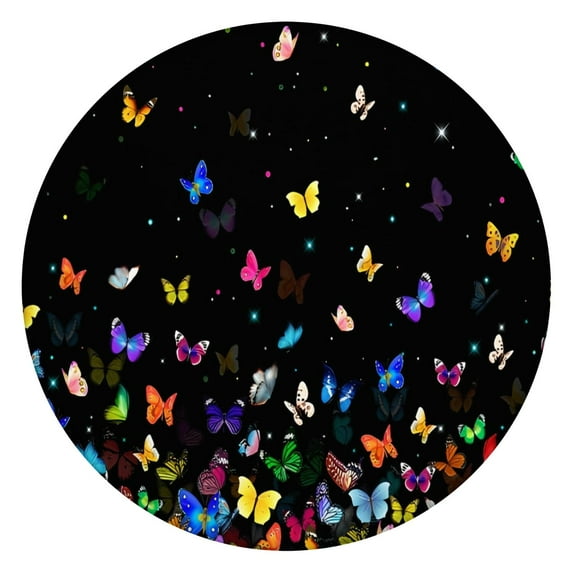Black Colorful Star Butterfly Pattern Round Fitted Tablecloth with Elastic Edge,Dining Table Cover Waterproof,Outdoor Round Tablecloth for Camping,Dining,Indoor and Outdoor