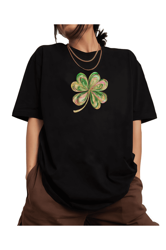Black Colorful Swirl Clover Print T shirt St Patricks Day Graphic Tees Loose Fit Shirts Trendy Lucky Themed Holiday Casual Tops S-5XL