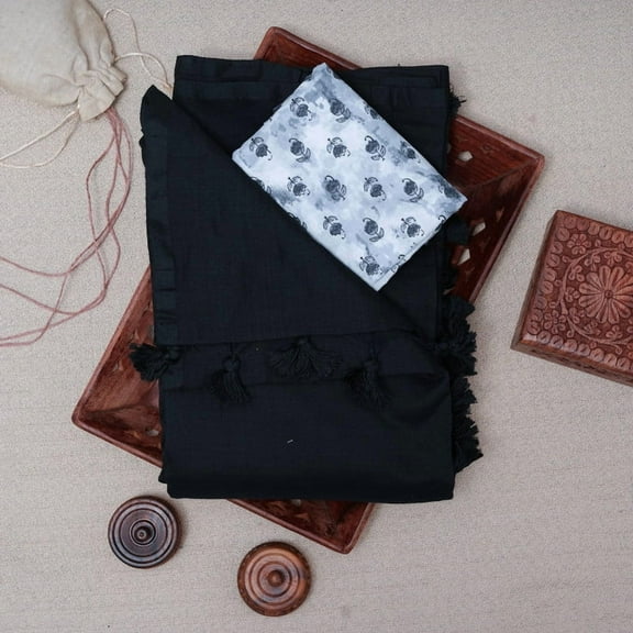 Black Colour Handloom Cotton Saree With Elegant Flower Pattern Designer Blouse