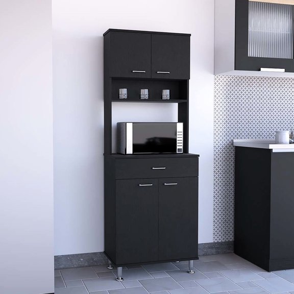 Black - Combination of Open & Closed Storage - Kitchen Area - Suitable for Microwaves