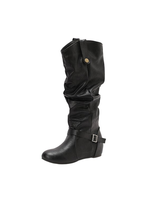Black Comfortable Mid Calf Boots For Women With Inner Height Increase And Belt Buckle Round Toe For Versatile Winter Wear