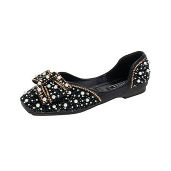 Black Comfortable Rhinestone Bow Slip-On Shoes Women Round Toe Shallow Flat Casual