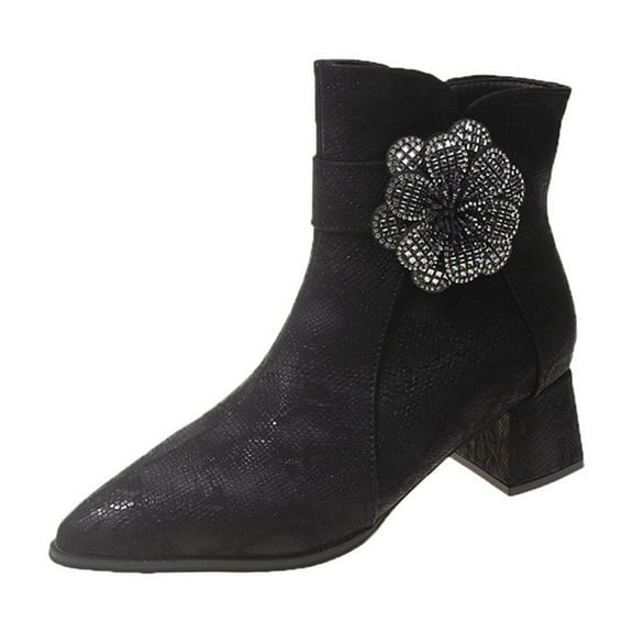 Black Comfortable Women'S Boots Thick Heel Pointed Toe High Heel Velvet Fashion Ankle Casual