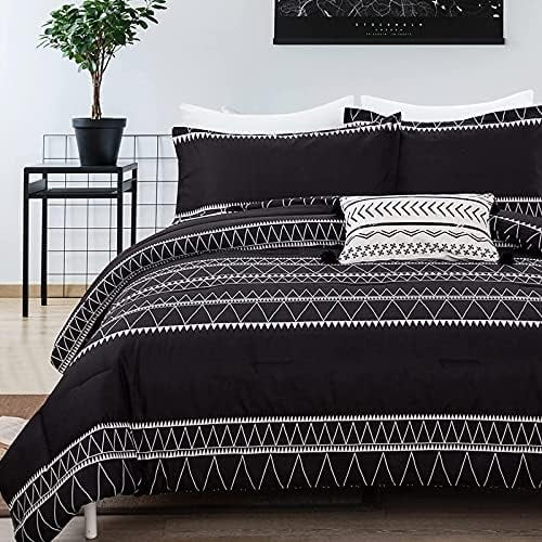 Black Comforter Set Full, Reversible Boho Triangle Striped Down Alternative Comforter for Full Bed - 3 Pieces (1 Comforter + 2 Pillowcases), Soft Microfiber Bedding Set 78"x 90"