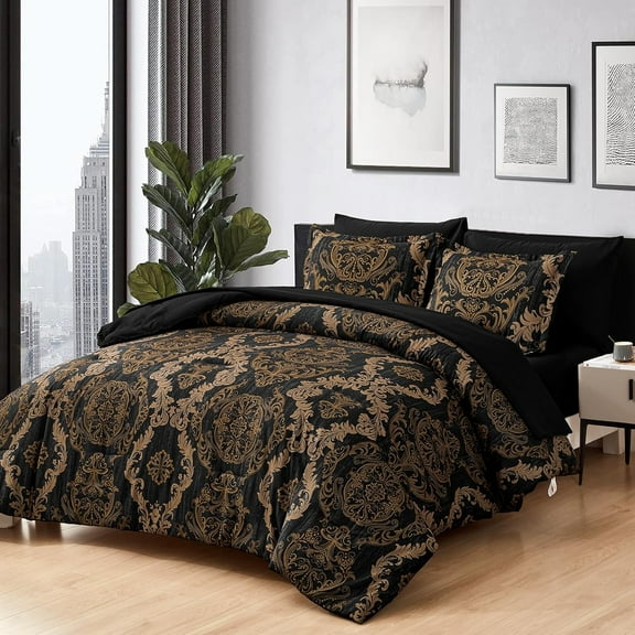 Black Comforter Set King Size, Gold Damask Texture 7 Pieces Bed in a Bag Microfiber Comforter Bedding Sets -1 Comforter, 1 Flat Sheet, 1 Fitted Sheet, 2 Pillow Shams, 2 Pillowcases