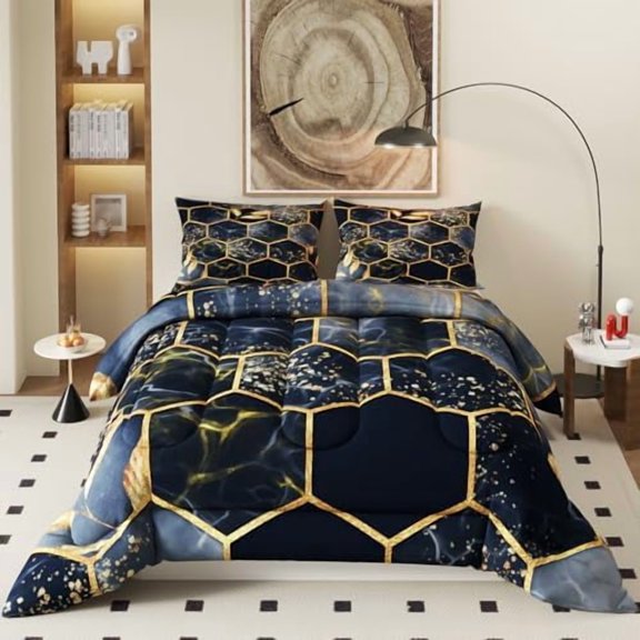 Black Comforter Set, Light Honeycomb Theme with Yellow Leafs 3D Pattern for Kids Teens Adults,Decorative Bedding Comforter Sets with 2 Pillow Shams, King Size