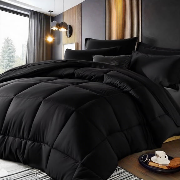 Black Comforter Set, Polyester Bedding, Modern Contemporary Style, All Season, Twin Size 2PC with Pillow Sham.