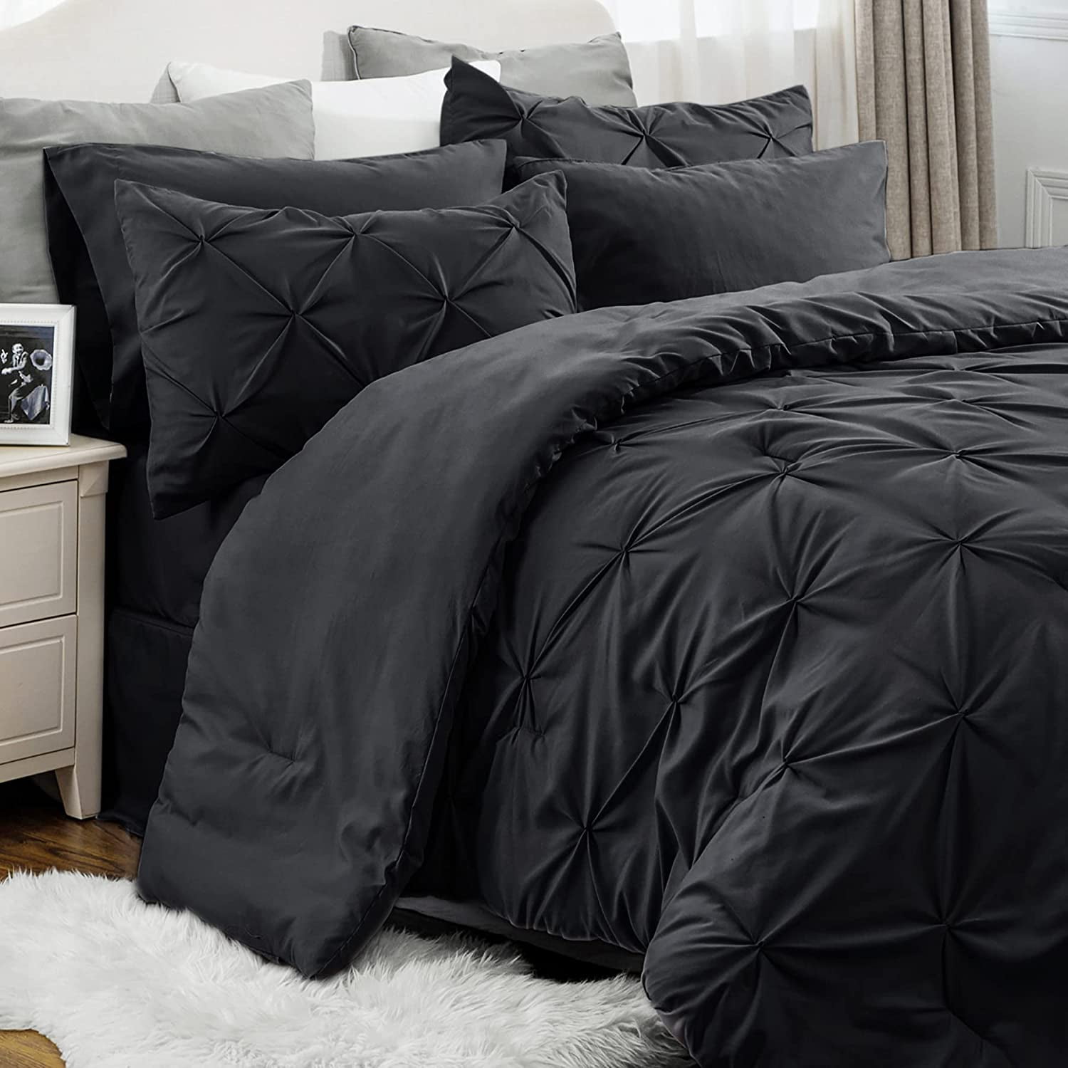 Black Comforter Set Queen Bed in a Bag Queen 7 Pieces, Pintuck