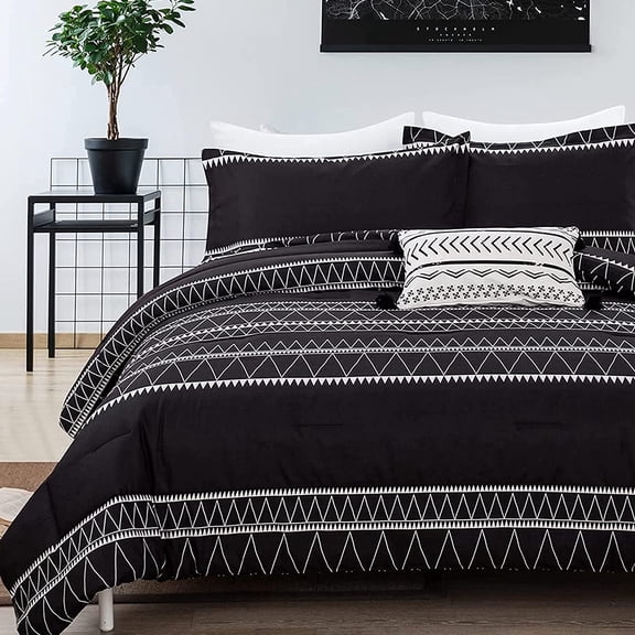 Black Comforter Set Queen Reversible Boho Triangle Striped Down Alternative Comforter Set for Queen Bed - 3 Pieces (1 Comforter + 2 Pillowcases), Soft Microfiber Bedding Set 90"x 90"