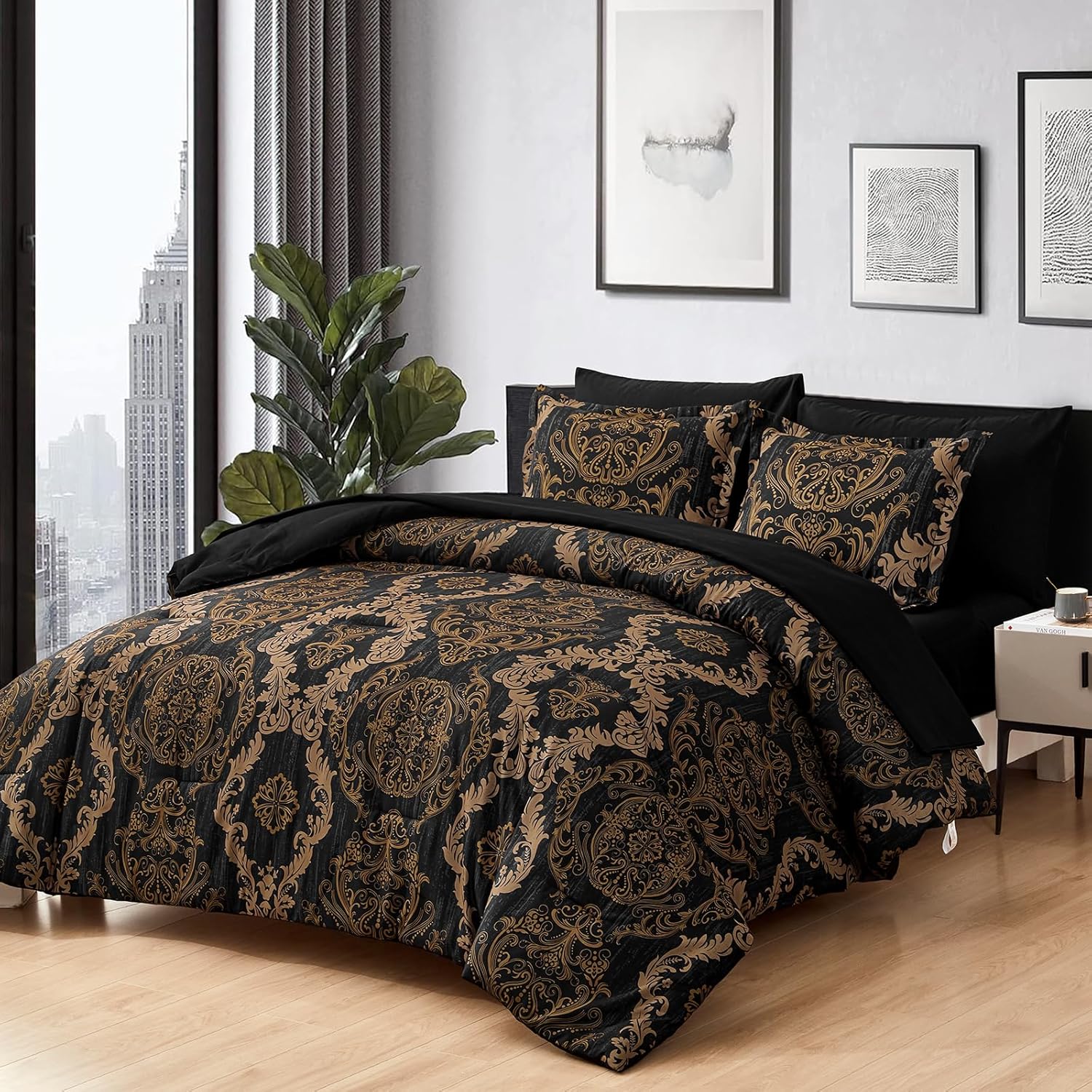Black Comforter Set Queen Size, Gold Damask Texture 7 Pieces Bed in a ...