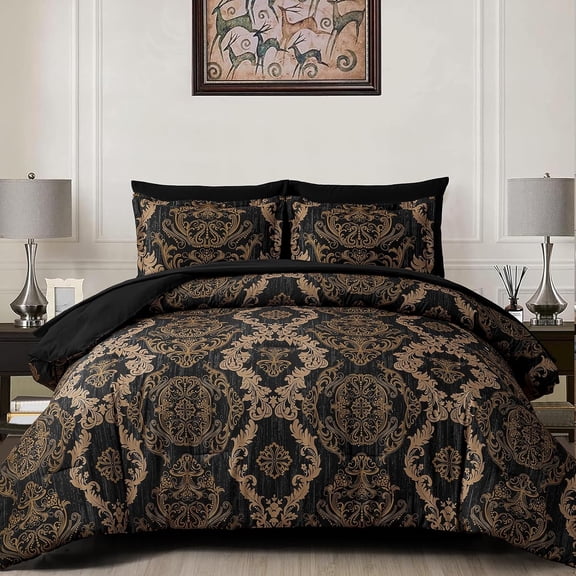 Black Comforter Set Queen Size, Gold Damask Texture 7 Pieces Bed in a Bag Microfiber Comforter Bedding Sets -1 Comforter, 1 Flat Sheet, 1 Fitted Sheet, 2 Pillow Shams, 2 Pillowcases