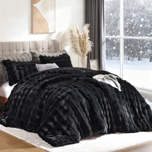 Black Comforter Set Twin - Luxurious Faux Fur Comforter for Winter, Fluffy Comforter Queen Set with 1 Pillowcase, Soft Warm Black Bedding Set